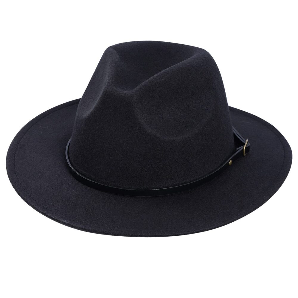 9124 Fedora Hat Wide Brim Fedora Retro Black Floppy Wool Felt Hat with Belt - Picture 1 of 7